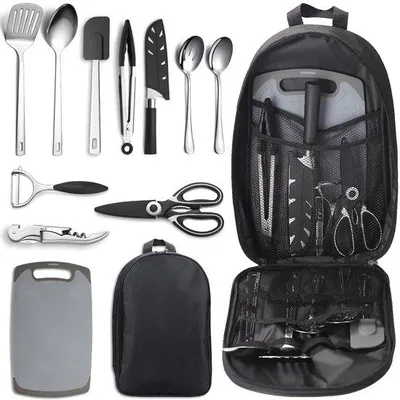 Productafbeelding van Unyqoos® Draagbaar campingkookset van voedselveilig roestvrij staal – Complete set met kookgerei, mes, spatel, tang en transportrugzak