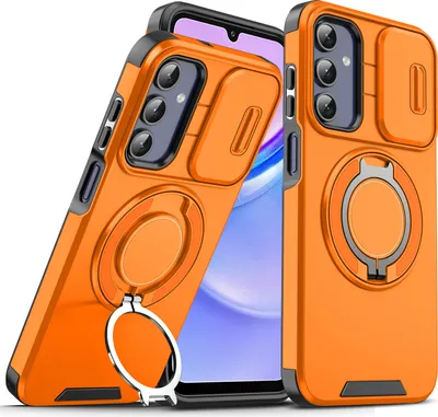 Image de Etui double couche pour Samsung Galaxy A15 5G/4G, avec couvercle coulissant pour l'appareil photo et anneau magnétique Orange