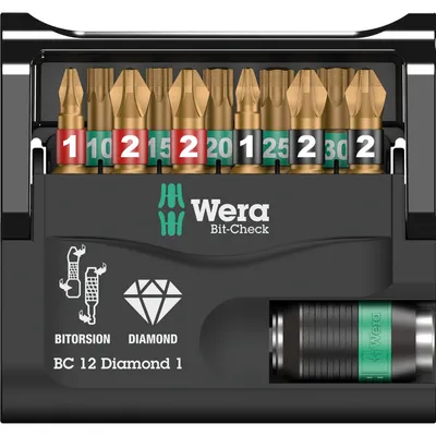 Obrázok produktu pre Wera Bit-Check 12, 12 kusov, Phillips, Krížový, Torx, PH 1, PH 2, PZ 1, PZ 2, TX10, TX15, TX20, TX25, TX30, Oceľ