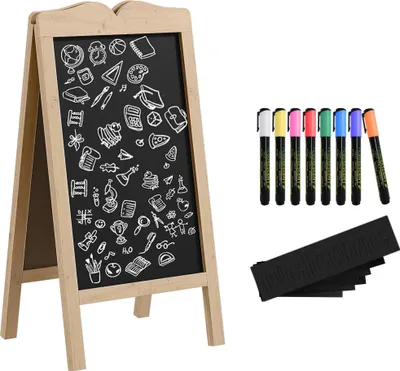 Obrázek produktu pro Křídová tabule – stojan – skládací dřevěný rám – smrkové dřevo a MDF – 51 × 60 × 101 cm – béžová