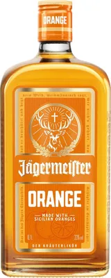 A bottle of Jägermeister Orange liqueur against a white background.