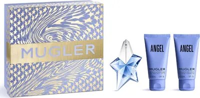 A product shot of a Mugler Angel perfume gift set, including a box, a star-shaped perfume bottle, and two lotion tubes.