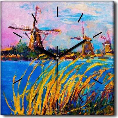 Produktbild von Coloray Uhr auf Leinwand 30x30 cm Wand Uhr Dekoration Wohnzimmer Segeltuch schwarze Hände -Mühle Landschaft Natur.