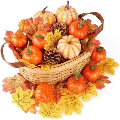 Produktbild von 70 Stück Thanksgiving Dekoration Set,Künstliche Ahornblätter, Tannenzapfen, Eicheln, Kürbis, Herbstdeko Set für Thanksgiving Halloween Innen Tisch