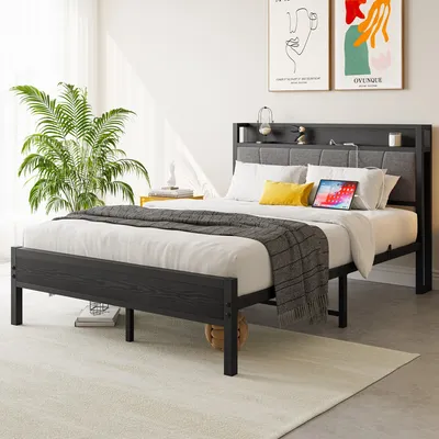 Produktbild von MODFU Metallbett Jugendbetten 140 x 200 mit Hohem Kopfteil,Bettgestell Polsterbett mit Lattenrost,Steckdose und USB-Ladefunktion,ohne Matratze,Schwarz