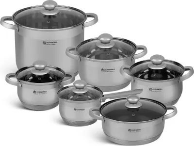 A set of stainless steel pots and pans with glass lids, arranged on a white background.