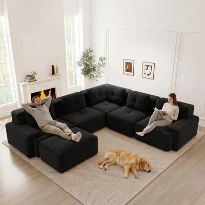 Produktbild von Modulares Ecksofa Schwarz, Cord Sofa 5 Sitzer mit Ottomane, 295x295 cm, Rahmenloses Tiefsitzsofa, Kratzfest, Ohne Montage