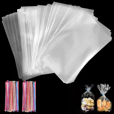 Productafbeelding van 200 Stuks Transparante Cellophan Zakjes 10x15 cm met 200 Draaitouwtjes