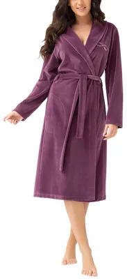 Productafbeelding van Aquarti Damen velours badjas, model Nicki, met aantrekkoord en opstaande kraag, kleur: pruim, maat: XL