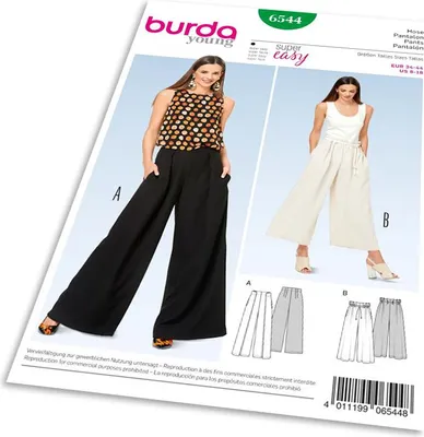 Imagen del producto de Patrón Burda 6544: Pantalones de pernera ancha, pantalones holgados, pantalones de lino para el verano