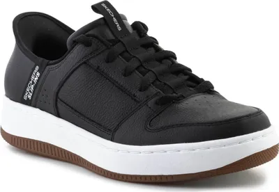A black Skechers Slip-ins Sport Court 92 shoe with a white sole and brown outsole, shown from a side-front angle on a white background.