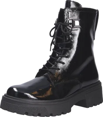 A black patent leather biker boot with laces and a buckle detail.