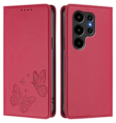 Produktbild von Lederhülle für Blackview Wave 10C, Schmetterling Prägung Leder Brieftasche Schutzhülle mit Ständer Rot