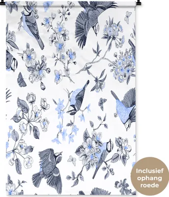 Produktbild von MuchoWow® Wandteppich Wandbehang Blumen - Vogel - Blau 90x135 cm Tapisserie Dekoration Wandtuch - Baumwolle - Wandskulptur