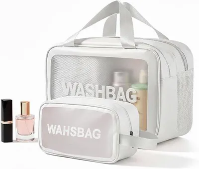 Produktbild von 2-teiliges, transparentes Reise-Kosmetiktaschen-Set für Damen – Kosmetiktaschen mit Tragegriffen – mit separaten Fächern für feuchte und trockene Gegenstände – großes Fassungsvermögen