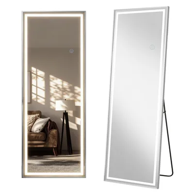 Two full-length mirrors with LED lighting, one showing a room interior and the other against a white background.