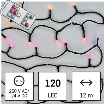 LED vánoční řetěz, 12 m, venkovní i vnitřní, RGB, ovladač, programy, časovač