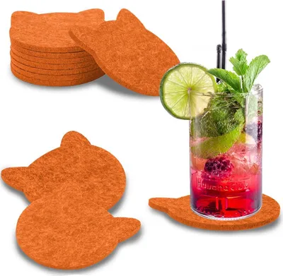 Produktbild von wortek Filz Untersetzer - Deko Tischset I Filzdeckel für Getränke, Tassen, Bar & Tisch, 8er Set I 10cm I Katzenform, Orange