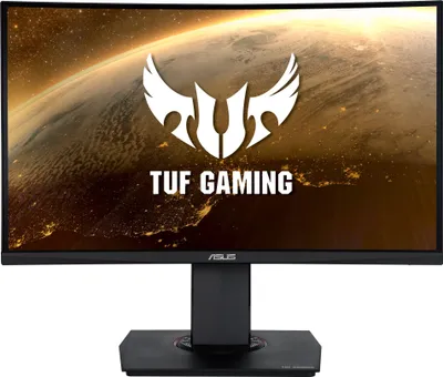A black Asus TUF Gaming monitor is shown on a black stand against a dark background with a planet-like image.