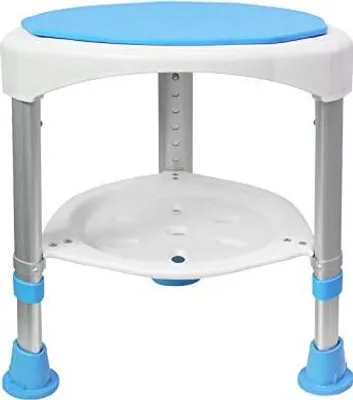 A white and blue shower stool with a shelf underneath, shown from the front.