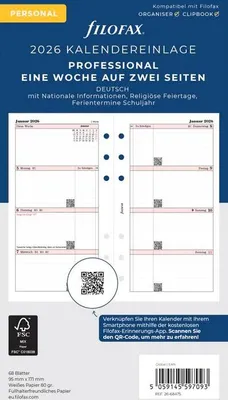 Produktbild von FILOFAX Kalendereinlage 2026 - Personal - 1 Woche/ 2 Seiten - Professional - deutsch - 26-68475