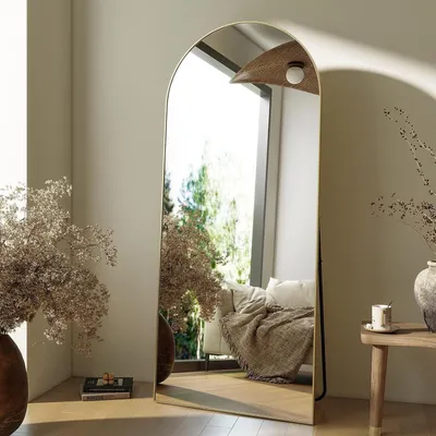 Produktbild von Standspiegel Gewölbter Ganzkörperspiegel moderne, freistehend, anlehnend  montiert, Aluminiumrahmen, einfache Heimdekoration für Garderobe, Wohnzimmer, 26''x71'', gold, 179 cm, 65 cm