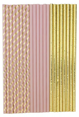 Produktbild von 22 Papp-Strohhalme in Puderrosa und Gold 19,5 cm für Geburtstage - Einheitsgröße