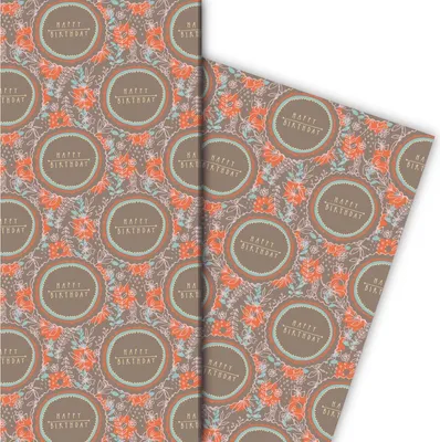 Produktbild von Happy Birthday Geschenkpapier mit Blumen auf beige - G7613, 32 x 48cm
