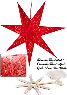 A red paper star lantern with cut-out patterns, shown hanging, with a close-up of the material and a disassembled star frame with LED lights.