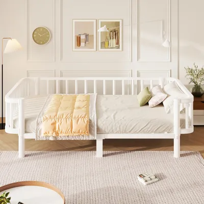 Immagine prodotto di Letto per bambini 90x200 cm con sponde di sicurezza, divano letto con struttura in metallo e rete a doghe, letto singolo per adolescenti, modello trasformabile in divano, colore bianco