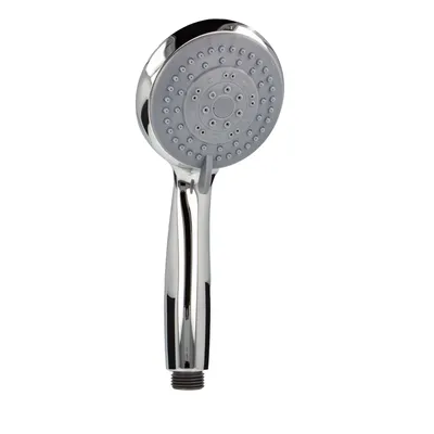 A chrome hand shower head with a gray spray plate is shown against a white background.
