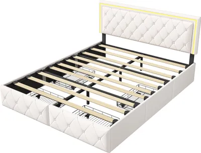 Immagine prodotto di Letto Moonbite con contenitore, dimensioni 160x200 cm, rivestito in ecopelle bianca, dotato di 4 cassetti, illuminazione LED nella testata, rete a doghe in legno, capacità di carico fino a 250 kg