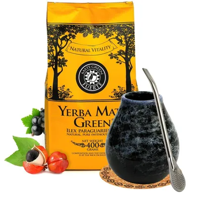 Produktbild von Yerba Mate Tee Starter Set mit Mate Green Fuerte 400g - Keramik mate tee becher Marmol 350ml - Brasilianischer Matetee mit Kräutern - Bombilla 19cm