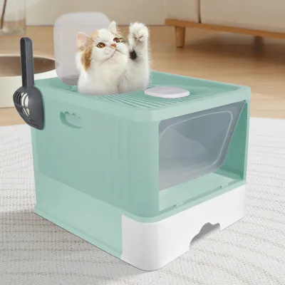 Produktbild von Katzentoilette mit UV Sterilisation,Groß Katzenklo mit Ausziehbares Tablett,Katzen Toiletten Geschlossen,Geruchskontrolle,Ausgang oben 48x37x38cm Blau
