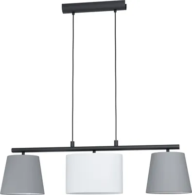 A pendant light fixture with three lampshades.