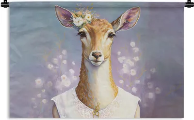 Produktbild von MuchoWow® Wandteppich Wandbehang Hirsche - Blumen - Gemälde - Porträt - Tiere 60x40 cm Tapisserie Dekoration Wandtuch - Wanddekorationen