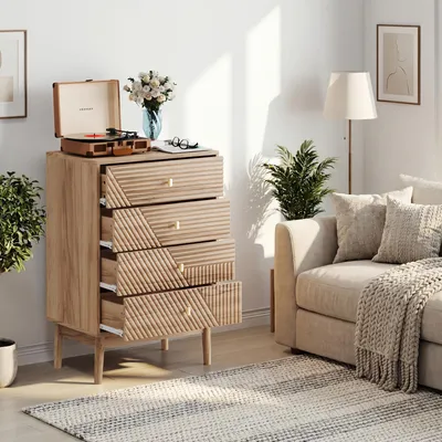 Image de Commode à 4 tiroirs 60 x 90 x 40 cm, style moderne aspect bois chêne | Commode peu encombrante pour chambre, salon ou couloir | Buffet avec glissières métalliques et pieds en bois