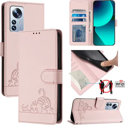 Produktbild von Leder Hülle für Xiaomi 12 Pro/Xiaomi 12S Pro Süße Katze Flip Case Brieftasche Schutzhülle mit Standfunktion Pink