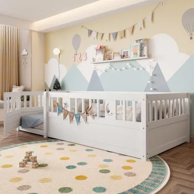 Obrázek produktu pro Bílá dětská postel v minimalistickém designu s motivy mřížky, měsíce a hvězd, bez matrace, panelová, 90 x 190 cm