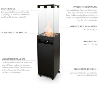 A black gas fireplace with glass enclosure, featuring text callouts describing its features.