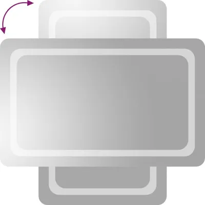 A top-down view of a rectangular LED bathroom mirror with rounded corners, shown in a horizontal orientation. The mirror is layered, with the main mirror slightly overlapping two other mirrored surfaces above and below it. A purple curved arrow with two ar