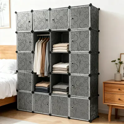 Produktbild von Kleiderschrank aus Kunststoff, DIY Regalsystem, Tragbarer Garderobenschrank, Regal mit Türen,Steckregal 20 Würfel, mit 2 Kleiderstange,147x437x183cm