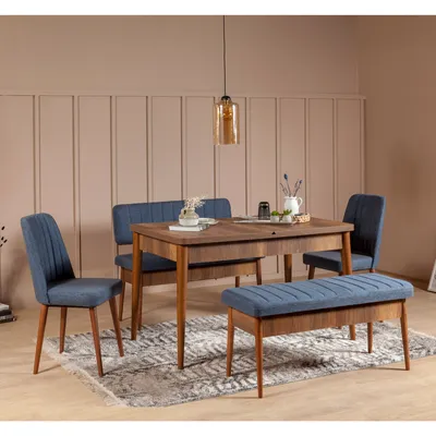 Obrázok produktu pre Skye Decor, Vina Walnut Dark Blue, súprava rozkladacieho jedálenského stola a stoličiek (5 kusov), orech, 100 % MELAMÍNOVÁ POTAHOVANÁ DOSKA, 130 x 80 x 77 cm