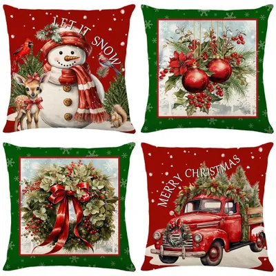 4 Weihnachts-Kissenbezüge 40x40 cm, Dekokissen, Rot-1