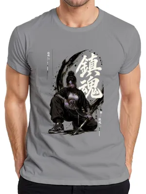 Zdjęcie produktu dla T-shirt męski, kolor szary, rozmiar M, z motywem: samurajka, katana, Japonia, anime, styl Y2K, Yakuza