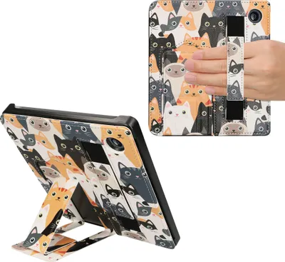 Image de kwmobile Housse de protection compatible avec Kobo Libra 2 Housse - Housse en similicuir avec support et sangle de main - chats - Orange Noir Blanc