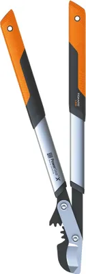 A pair of bypass loppers with orange and gray handles and silver blades, presented against a white background.