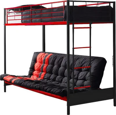Produktbild von Hochbett mit Schlafsofa mit Futonmatratze - 90 x 190 cm - Metall - Rot & Schwarz - MODULO V