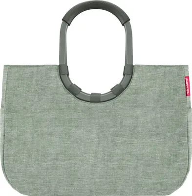 A studio shot of a green shopping bag with gray handles.