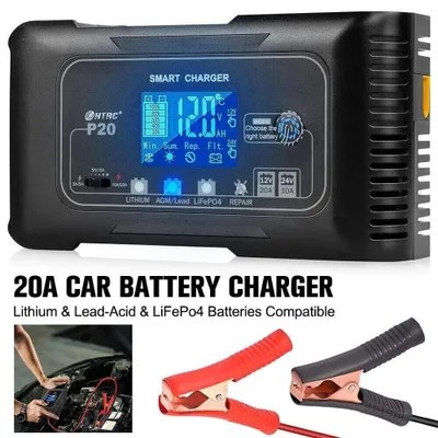 Produktbild von 20A Intelligentes Autobatterie Ladegerät 12V/24V, LCD Erhaltungsladegerät für AGM, GEL, Blei-Säure und LiFePO4